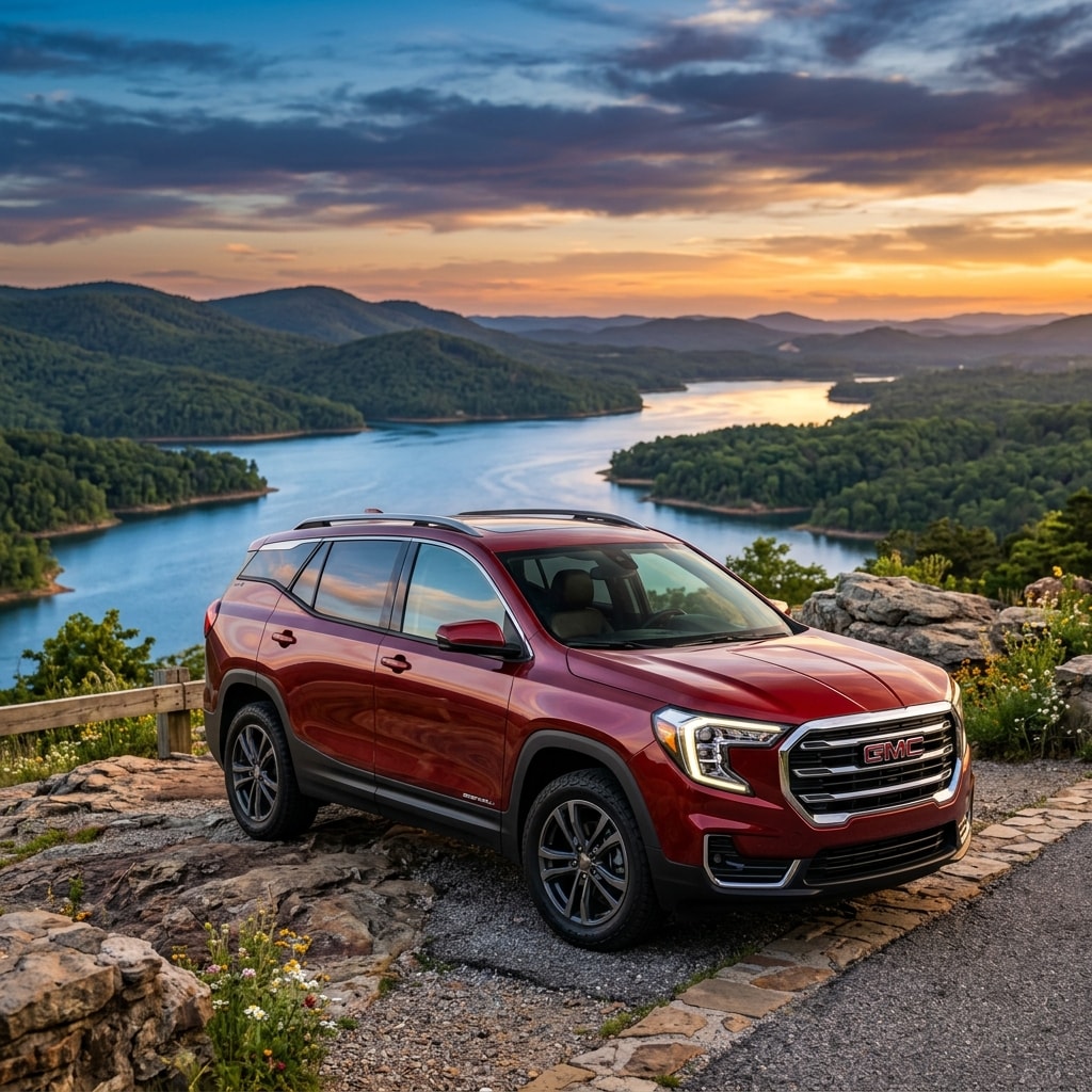 2026 GMC Terrain parked in hot springs overlooking the Ouachita Mountains