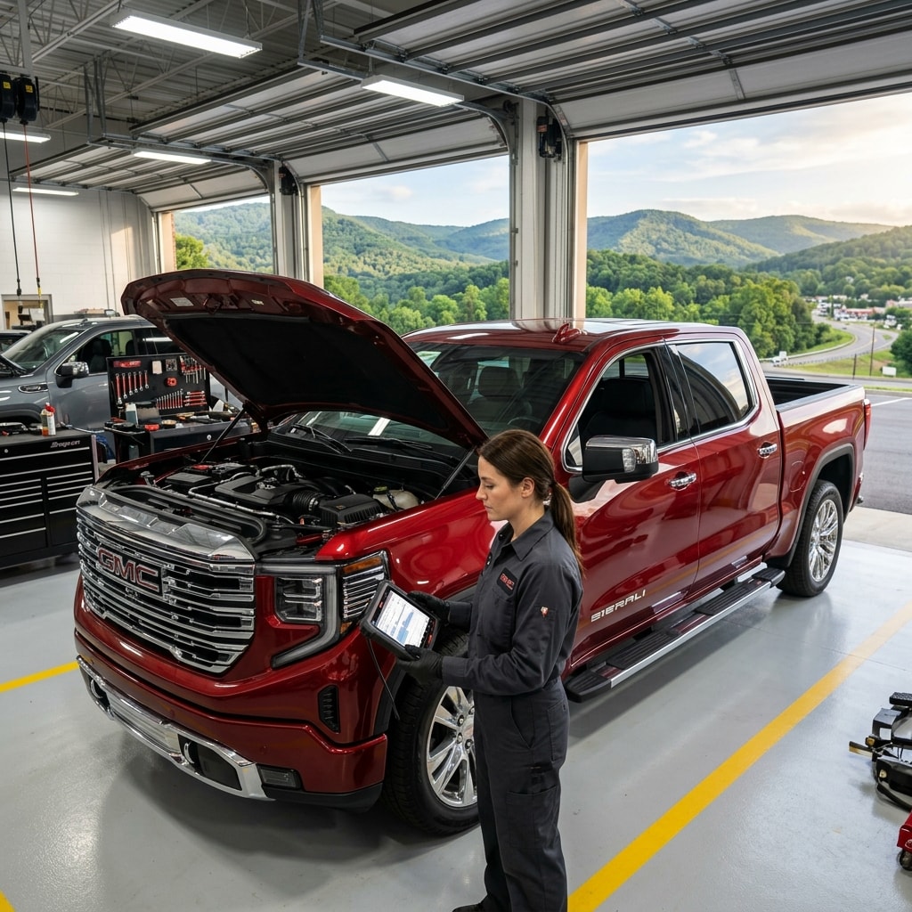 Sierra 1500 pickup in a dealership service bay in Central Arkansas