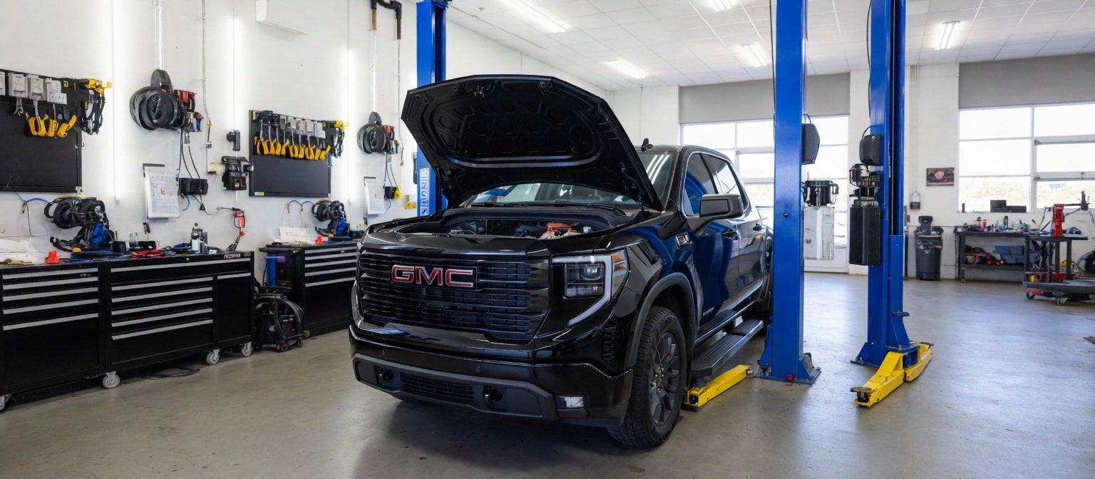 2026 GMC Sierra 1500 in a service bay for scheduled maintenance